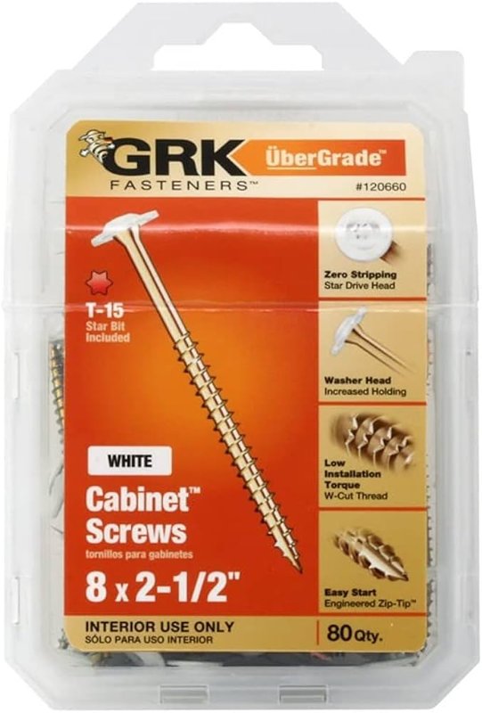 GRK Fasteners 120660 Cabinet Screw, 2-1/2 in L, Low-Profile, Washer Head, Star Drive, Zip-Tip Point, Stainless Steel