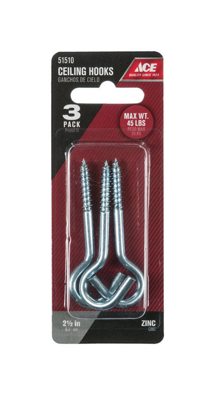 Ace Small Silver Steel 2.4375 in. L Ceiling Hook 45 lb 3 pk, Pack of 5