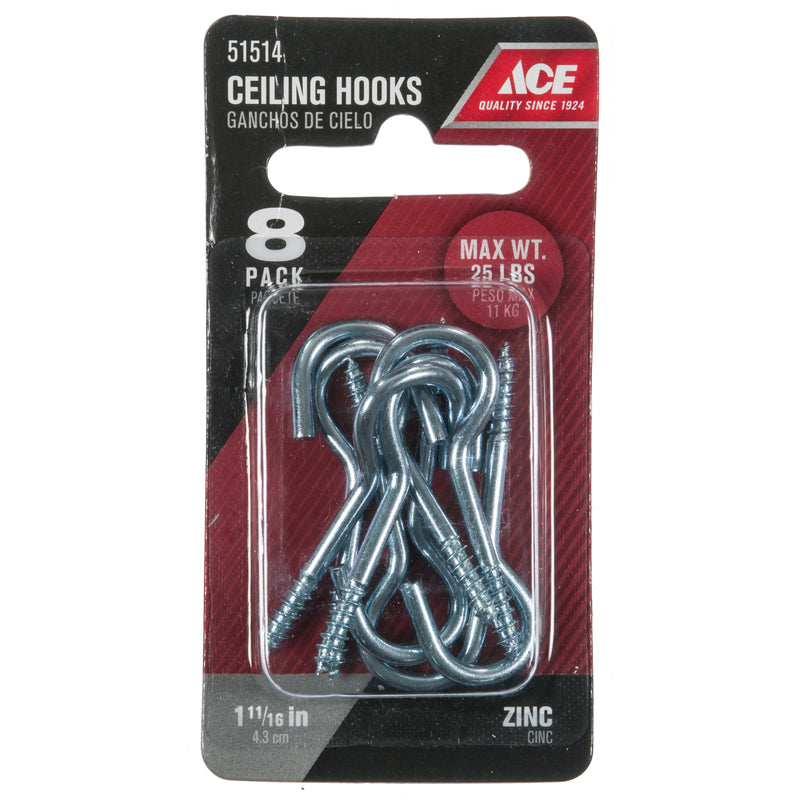 Ace Small Zinc-Plated Silver Steel 1.6875 in. L Ceiling Hook 25 lb 8 pk, Pack of 5