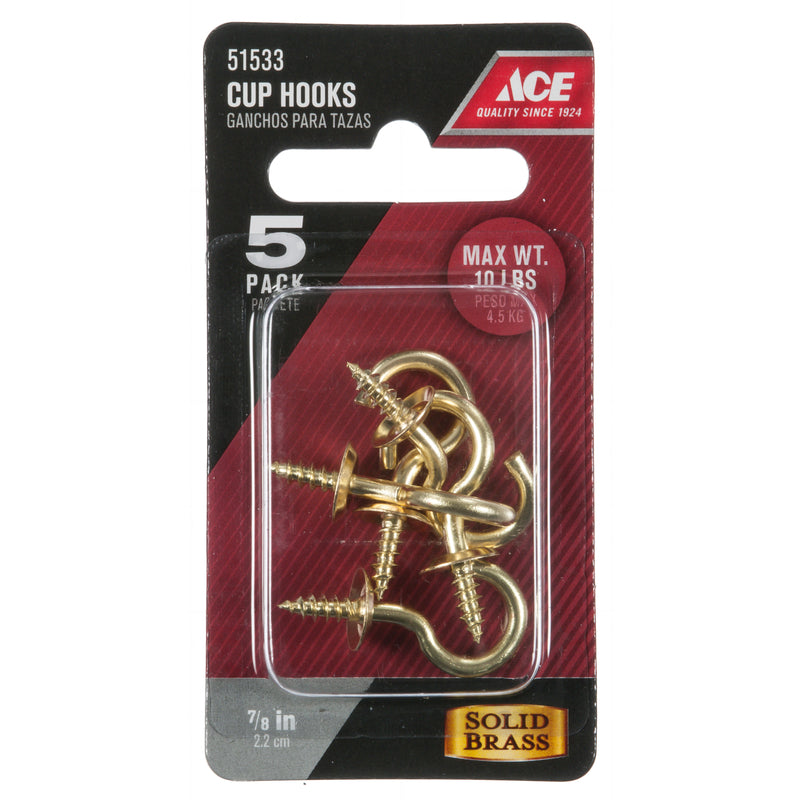 Ace Small Polished Brass Green Brass 1.25 in. L Cup Hook 10 lb 5 pk, Pack of 5