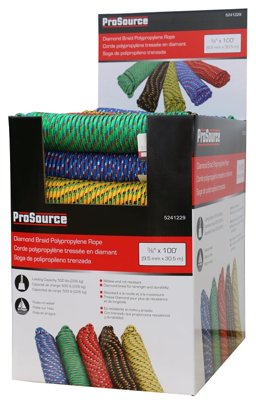 ProSource 706036-PDQ Rope, 3/8 in Dia, 100 ft L, 244 lb Working Load, Polypropylene, Black/Blue/Green/Red/Yellow, Pack of 48