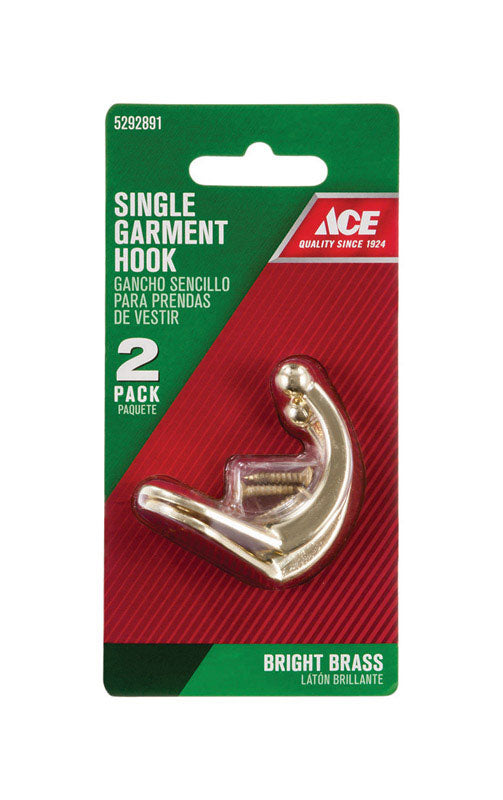 Ace 1-3/4 in. L Bright Brass Gold Brass Small Single Garment Hook 2 pk, Pack of 5
