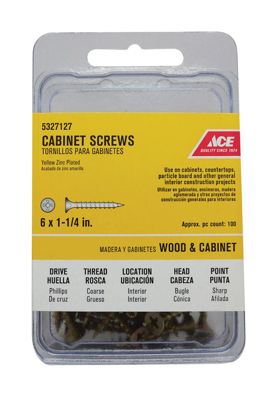 Ace No. 6 X 1-1/4 in. L Phillips Yellow Zinc Coarse Cabinet Screws 100 pk