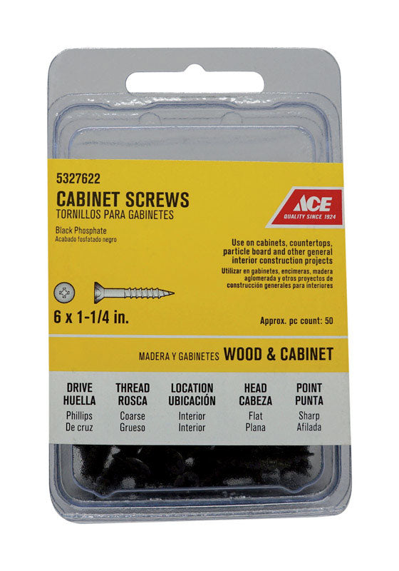 Ace No. 6 X 1-1/4 in. L Phillips Black Phosphate Coarse Cabinet Screws 50 pk