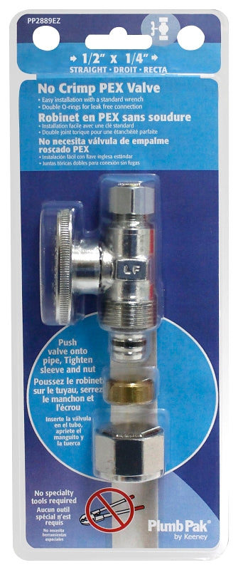 Plumb Pak PP2889EZ No Crimp Stop Valve, 1/2 x 1/4 in Connection, PEX Barbed x Compression, Brass Body