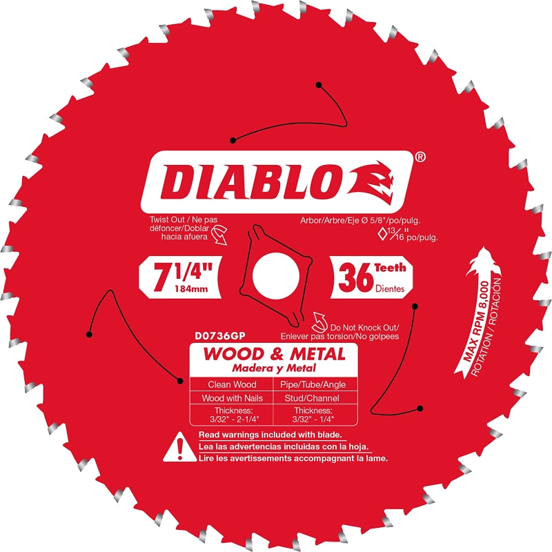 Diablo D0736GPA Circular Saw Blade, 7-1/4 in Dia, 5/8 in Arbor, 36-Teeth, Carbide Cutting Edge, Pack of 5