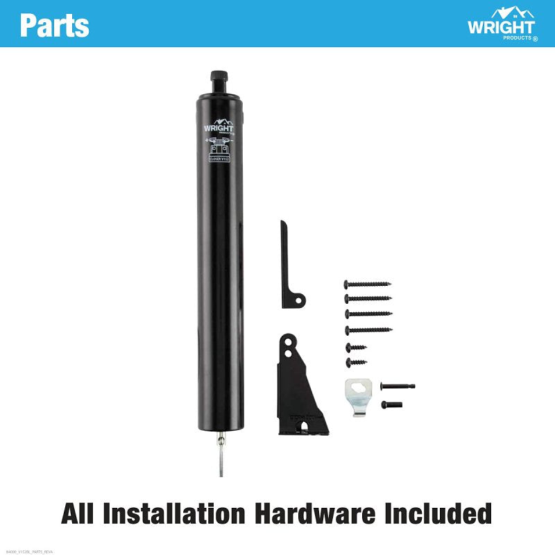 Wright Products V152BL Pneumatic Storm Door Closer, 10-1/2 in Dia Rod, 12-1/4 in L, Gloss, 90 deg Opening