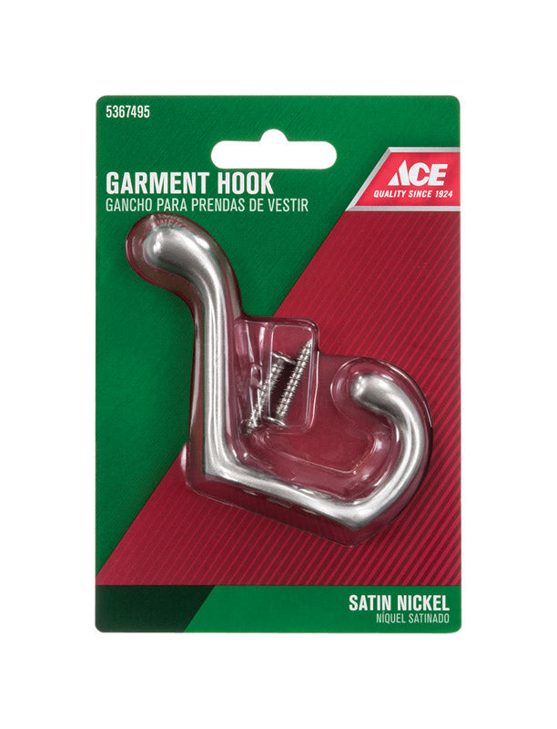 Ace 3 in. L Satin Nickel Silver Brass Medium Heavy Duty Coat and Hat Hook 1 pk, Pack of 5