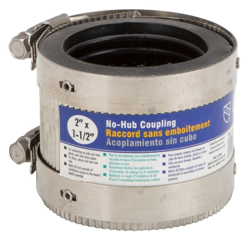ProSource KJ-020 Coupling, 2 x 1-1/2 in, Cast Iron, Plastic and Steel Drain Pipes, Rubber/Stainless Steel