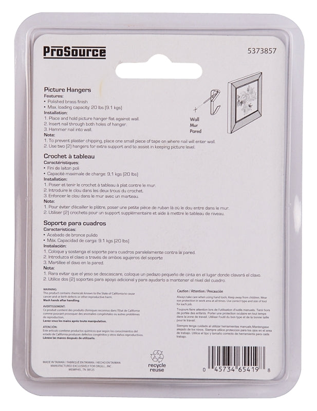 ProSource PH-122308-PS Picture Hanger, 20 lb, Steel, Polished Brass, Brass, Nail