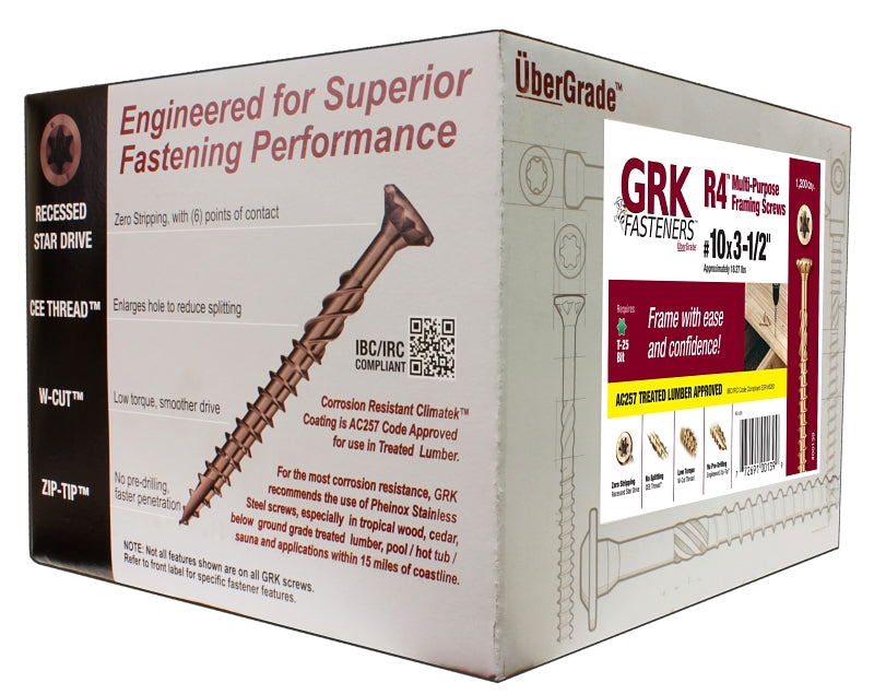 GRK Fasteners R4 00139 Framing and Decking Screw, #10 Thread, 3-1/2 in L, Round Head, Star Drive, Steel, 1200 BX