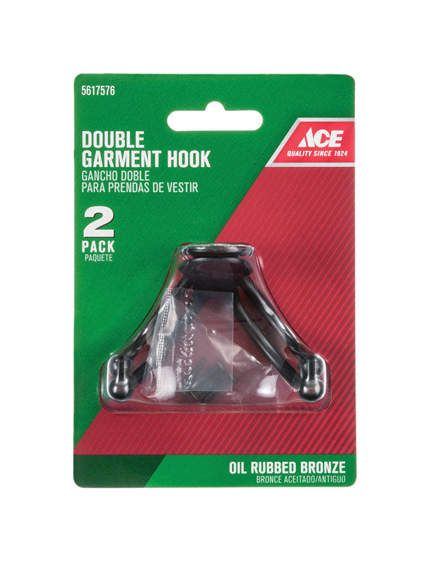 Ace 1 in. L Oil Rubbed Bronze Brown Metal Small Double Garment Hook 2 pk, Pack of 5