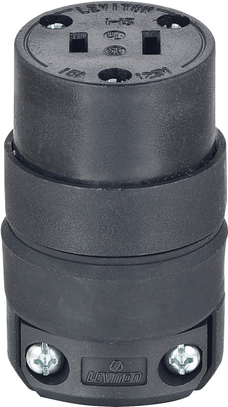Leviton 000-115CR-000 Electrical Connector, Polarized, Round Dead Front, 2-Pole, 15 A, 125 V, NEMA: NEMA 5-15R, Black