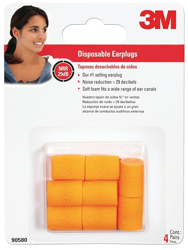 3M 90580-00000T Ear Plugs, 29 dB NRR, Foam, Orange