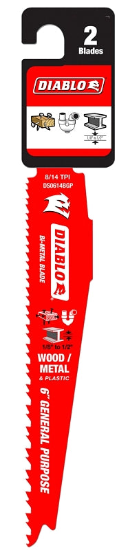 Diablo DS0614BGP2 Reciprocating Saw Blade, Applicable Materials: Metal, Plastic, Wood, 6 in L, 8/14 TPI