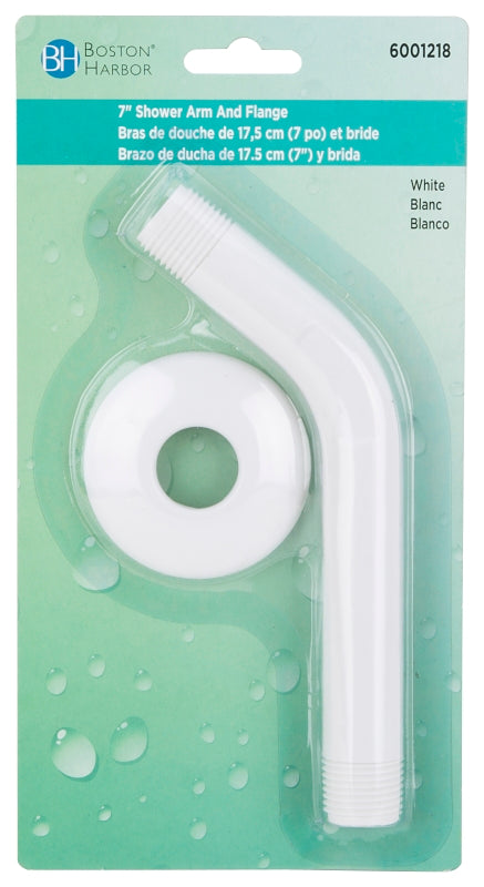 Boston Harbor B1140WH Shower Arm with Flange, 1/2-14 NPT in Connection, Threaded, 7 in L, Plastic