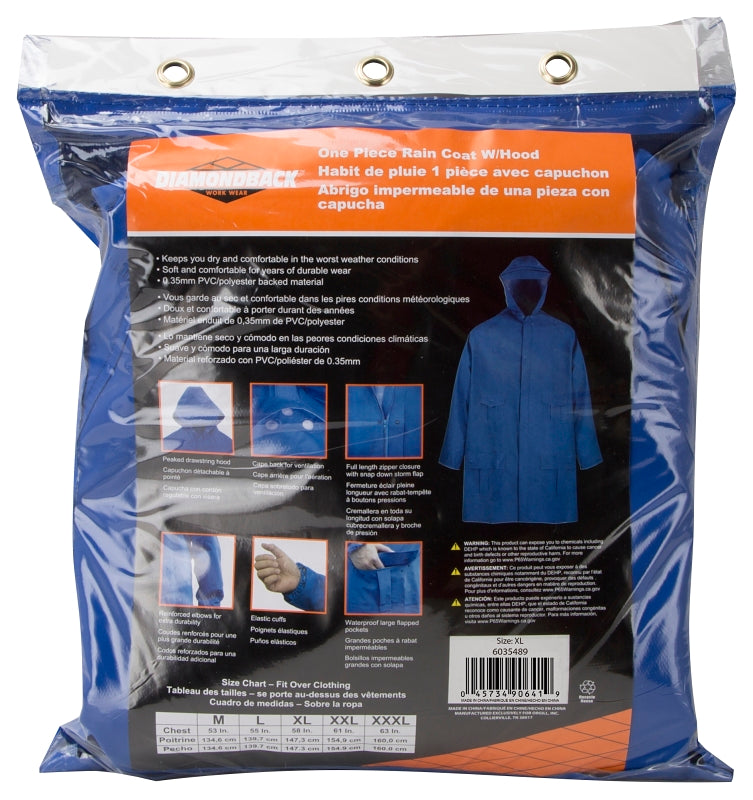 Diamondback 8156GRBXL Rain Parka, XL, PVC, Blue, Hooded, Zipper