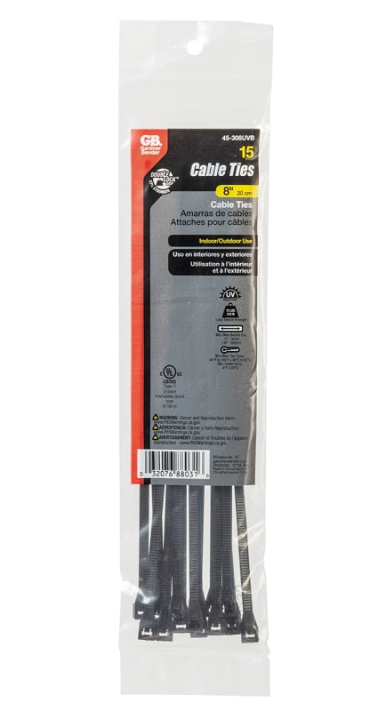 Gardner Bender 45-308UVB Cable Tie, Double-Lock Locking, 6/6 Nylon, Black, 8 in L, 15/PK