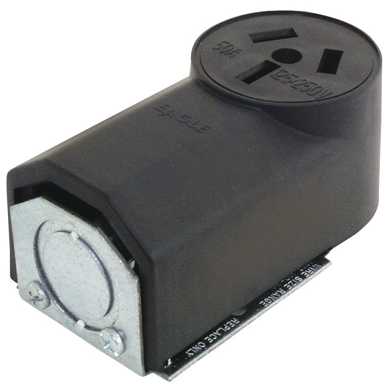Eaton 112 Power Receptacle, 3-Pole, 125/250 V, 50 A, Back, Bottom Wiring, NEMA: NEMA 10-50R, Black