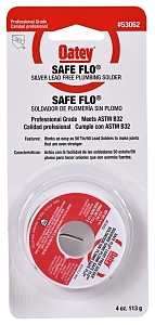 Oatey Safe-Flo 53062 Plumbing Wire Solder, 1/4 lb Carded, Solid, Gray/Silver, 415 to 455 deg F Melting Point