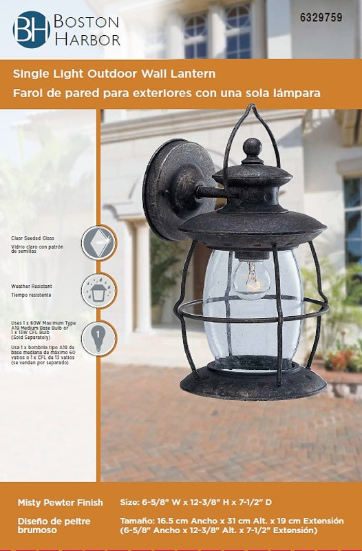 Boston Harbor BRT-CDC1691-3L Outdoor Wall Lantern, 120 V, 60 W, Steel Fixture, Misty Pewter Fixture