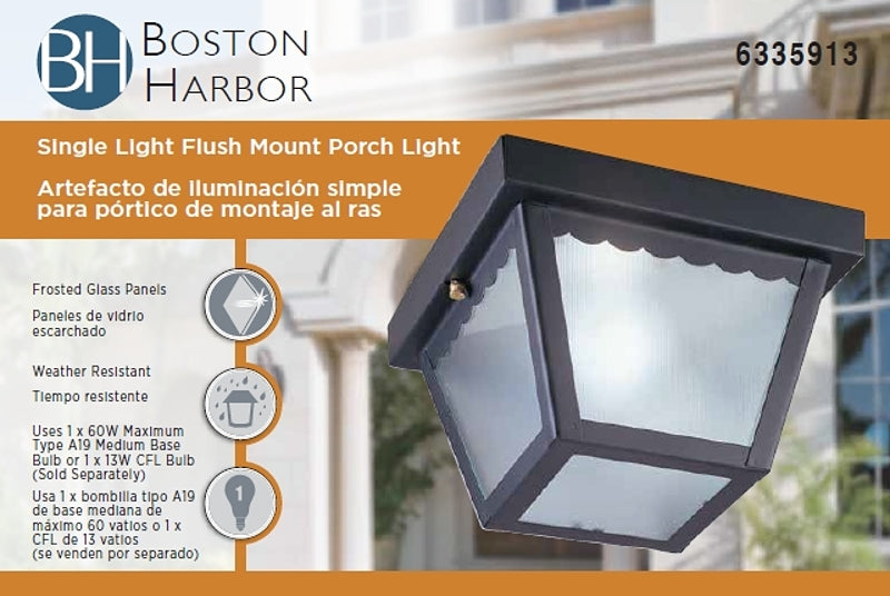 Boston Harbor 6276BK-3L Porch Light, 120 V, 60 W, Steel Fixture, Black Fixture