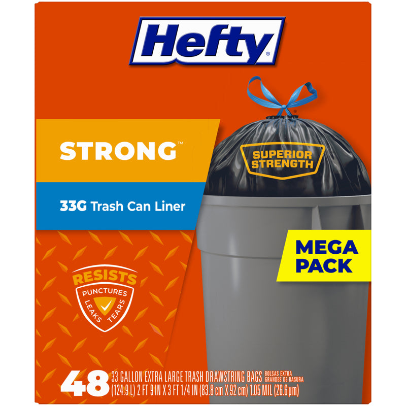 Hefty Extra Strong 33 gal No Scent Trash Can Liners Drawstring 48 pk, Pack of 3