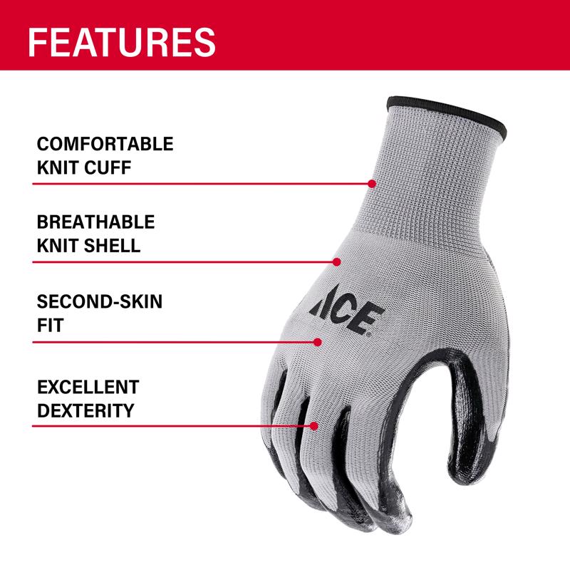 Ace Men's Indoor/Outdoor Coated Work Gloves Black/Gray L 1 pair