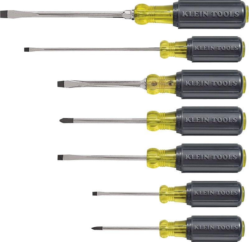 Klein Tools 85076 Screwdriver Set, 7-Piece, Steel, Chrome-Plated, Black, Specifications: Round, Square Shank