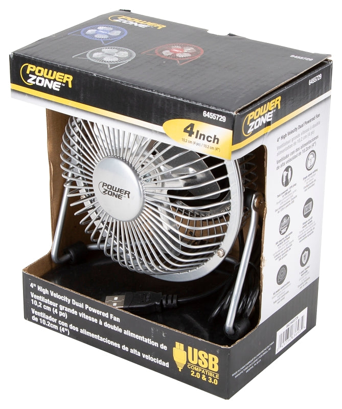PowerZone FE-20 Personal Fan, 120 VAC, 4 in Dia Blade, 4-Blade, 1-Speed, 360 deg Rotating, Blue/Red/Silver