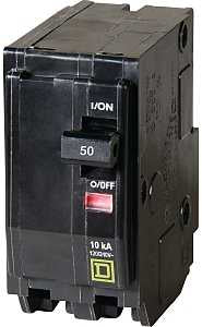 Square D QO QO250C Circuit Breaker, Mini, 50 A, 2-Pole, 120/240 VAC, 48 VDC, Black, Plug