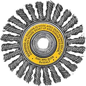 DEWALT DW4930 Wire Wheel Brush, 4 in Dia, 5/8-11 Arbor/Shank, Flat Knotted, Twisted Bristle, 0.02 in Dia Bristle