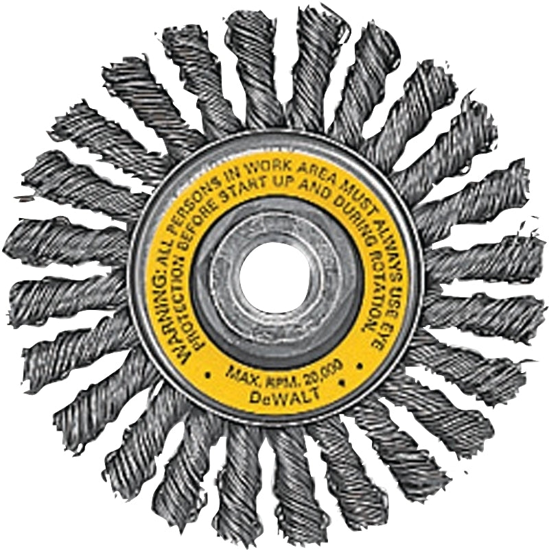 DEWALT DW4930 Wire Wheel Brush, 4 in Dia, 5/8-11 Arbor/Shank, Flat Knotted, Twisted Bristle, 0.02 in Dia Bristle