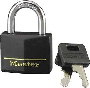 Master Lock 141D Padlock, 1-9/16 in W Body, Keyed Different Key, 1/4 in Dia Shackle, Steel Shackle, Brass Body, Black