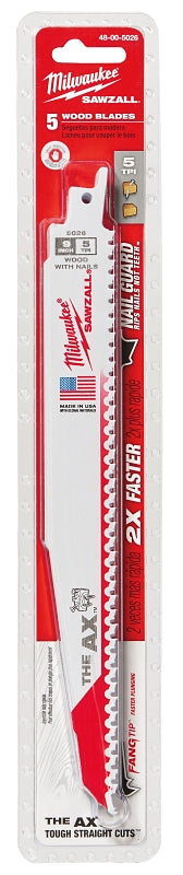 Milwaukee THE AX SAWZALL 48-00-5026 Reciprocating Saw Blade, 1 in W, 9 in L, 5 TPI, Bi-Metal Cutting Edge