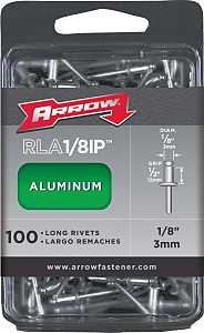 Arrow RLA1/8IP Pop Rivet, Long, 1/2 in Grip, 1/2 in L, Aluminum, 100/PK
