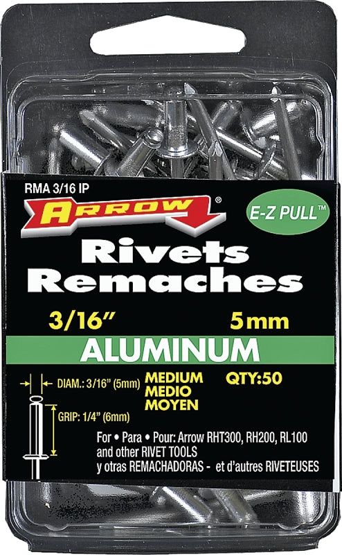 Arrow RMA3/16IP Pop Rivet, Medium, 1/4 in Grip, 1/4 in L, Aluminum, Gray, 50/PK