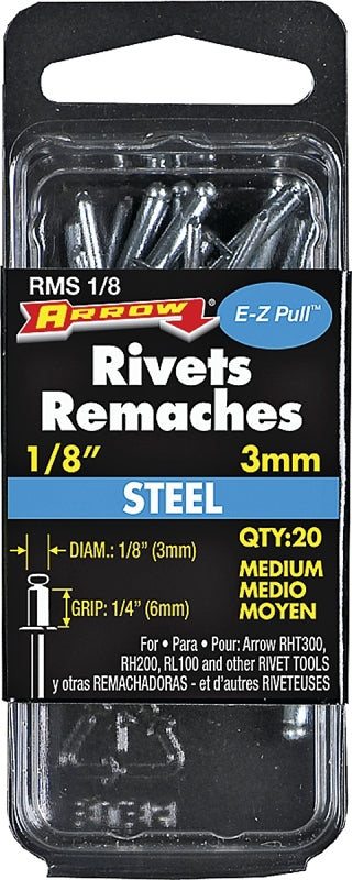 Arrow RMS1/8 Pop Rivet, Medium, 1/4 in Grip, 1/4 in L, Steel, 20/PK