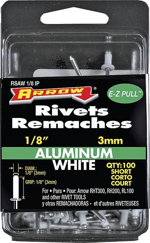 Arrow RSAW1/8IP Pop Rivet, Short, 1/8 in Grip, 1/8 in L, Aluminum, White, 100/PK