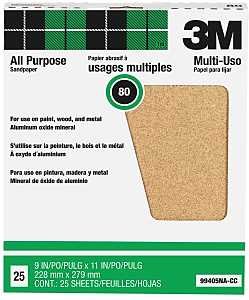 3M 99405 Sandpaper Sheet, Tan, 11 in L, 9 in W, Medium, 80 Grit, Aluminum Oxide Abrasive, Paper Backing