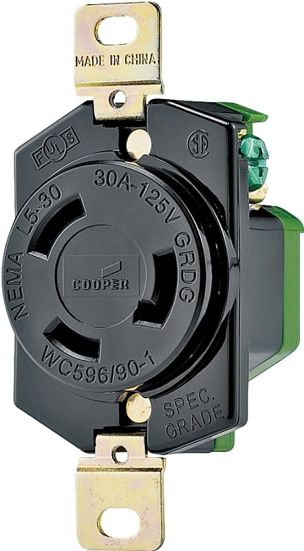Eaton L530R Single Receptacle, 2-Pole, 125 V, 30 A, Back, Side Wiring, NEMA: NEMA L5-30, Black