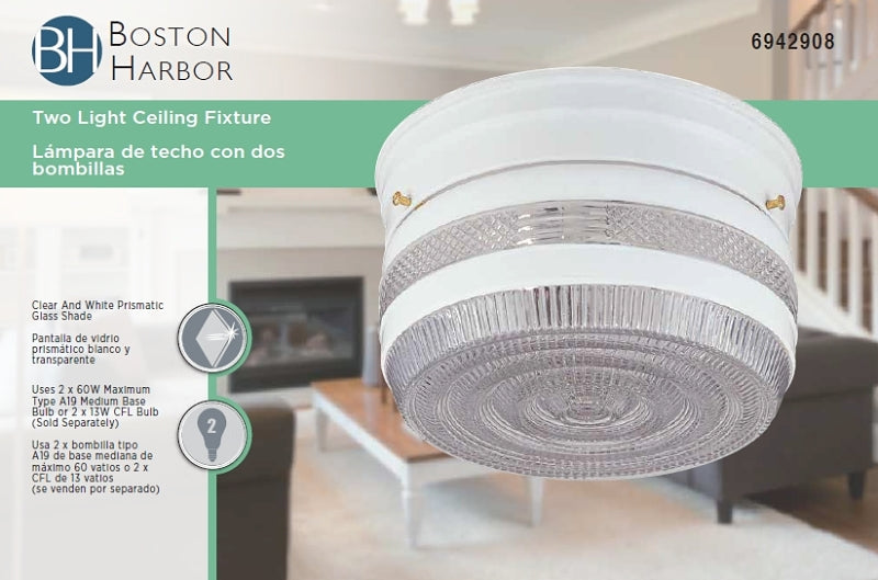 Boston Harbor F14WH02-8002CL3L Two Light Ceiling Fixture, 120 V, 60 W, 2-Lamp, A19 or CFL Lamp, White Fixture