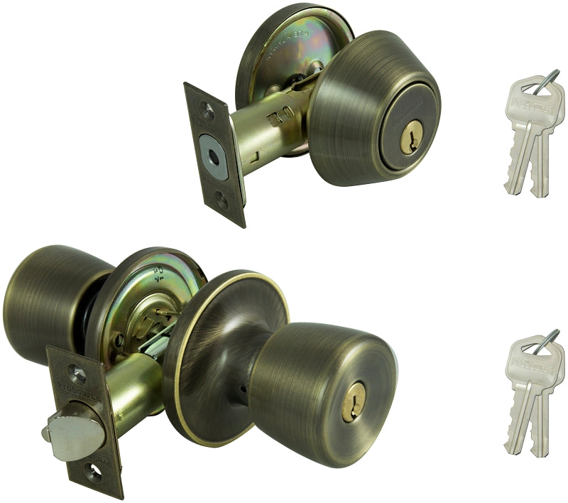 ProSource BS8B1-PS Deadbolt and Entry Lockset, Turn Button Lock, Tulip Design, Antique Brass, 3 Grade, Brass, Pack of 2