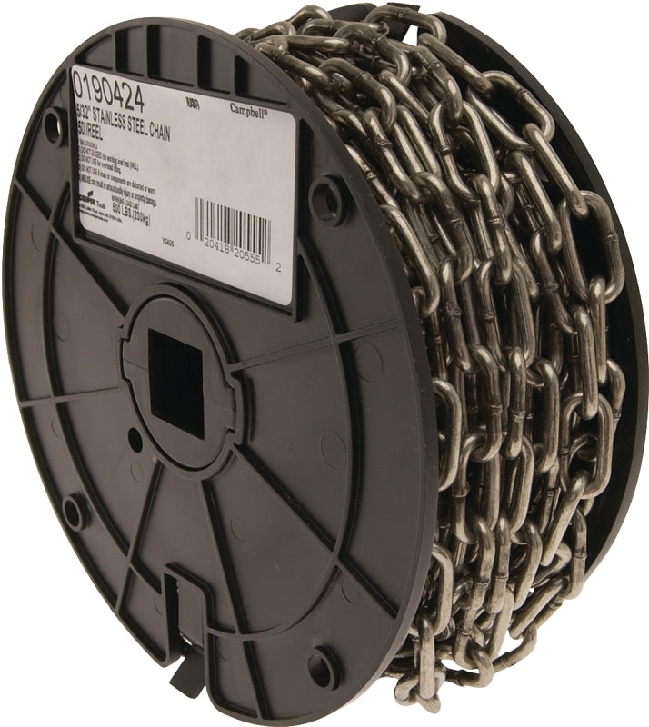 Campbell 0190424 Chain, 5/32 in, 50 ft L, 316L Grade, 500 lb Working Load, Stainless Steel, Bright
