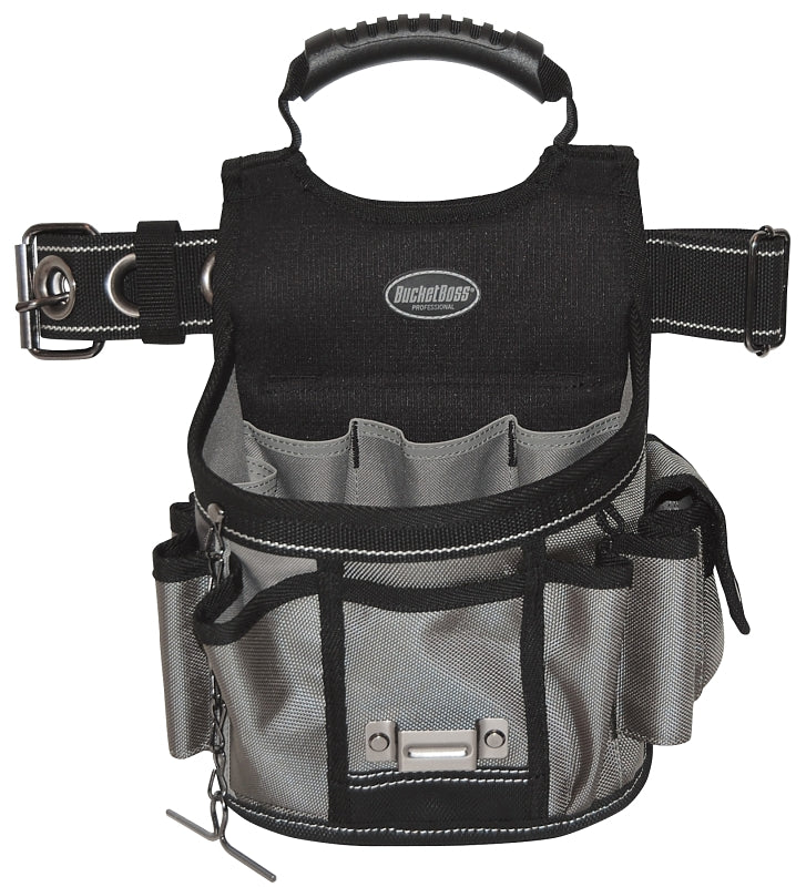 Bucket Boss 55300 Sparky Utility Pouch, 52 in Waist, 17-Pocket, Poly Fabric, Black/Gray, 9 in W, 14 in H, 6 in D