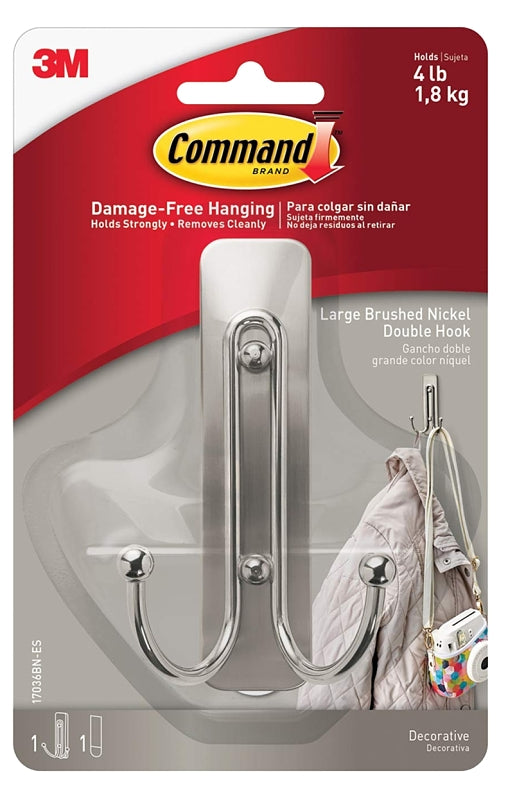 Command 17036BN-ES Large Double Hook, 4 lb, 1 -Hook, Metal/Plastic, Gray, Brushed Nickel, Pack of 4