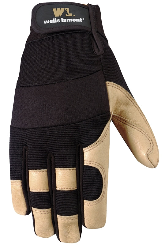 Wells Lamont 3214-XL Adjustable Work Gloves, Men's, XL, Reinforced Thumb, Spandex Back, Black/Brown/Tan