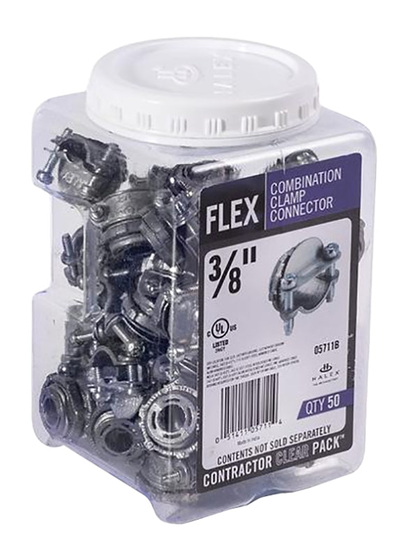 Halex 05711B Flex Clamp Combination Connector, 3/8 in 1/2 in, Zinc, 50/PK