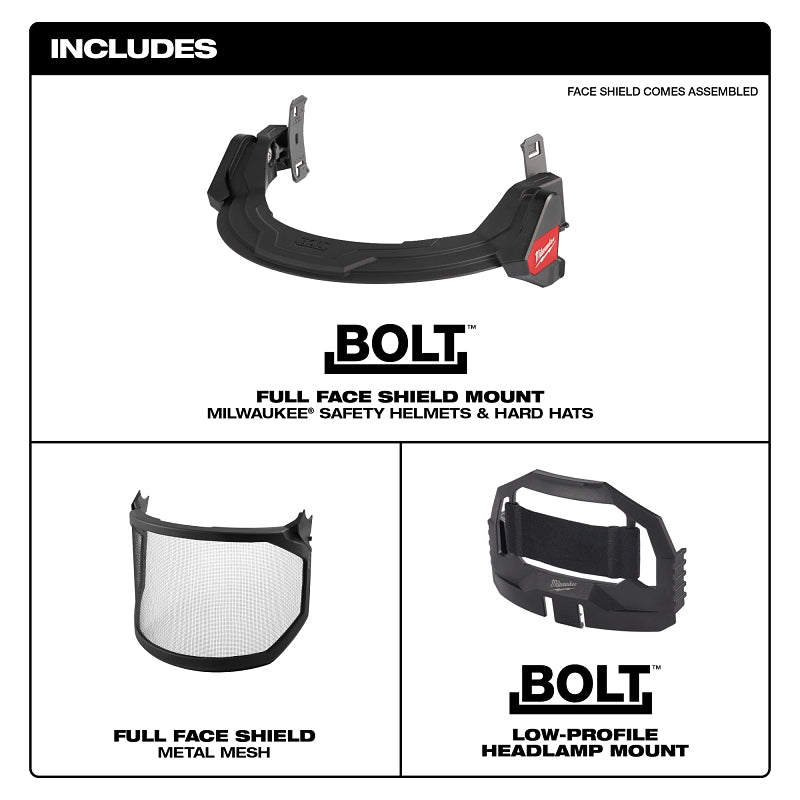 Milwaukee BOLT 48-73-1430 Full Face Shield, 10 in W Visor, 9-1/2 in H Visor, 0.06 in Thick Visor