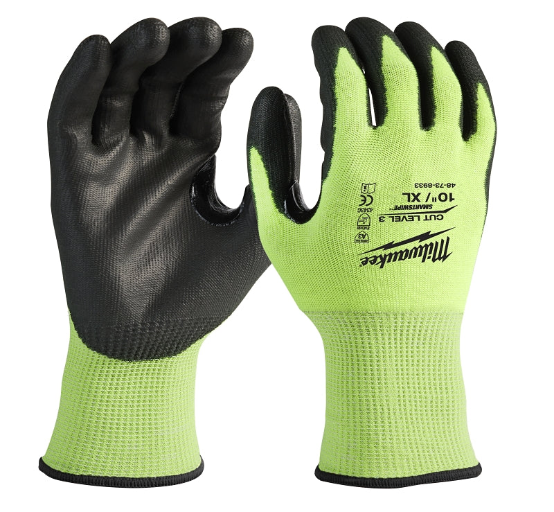 Milwaukee 48-73-8933 High-Visibility Cut Level 3 Gloves, Unisex, XL, Elasticated Knit Cuff, Nitrile Coating, Yellow
